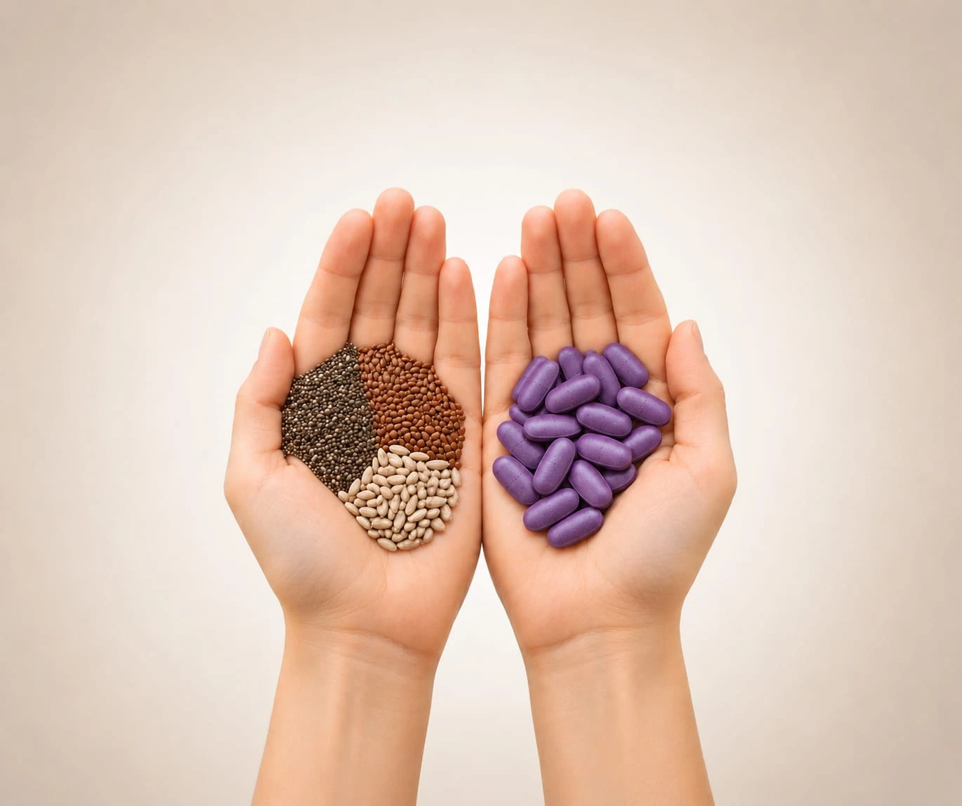 seeds in one hand tablets in other hand