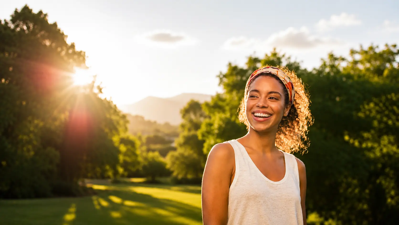 Lady smiling, confident, sun rising in the back